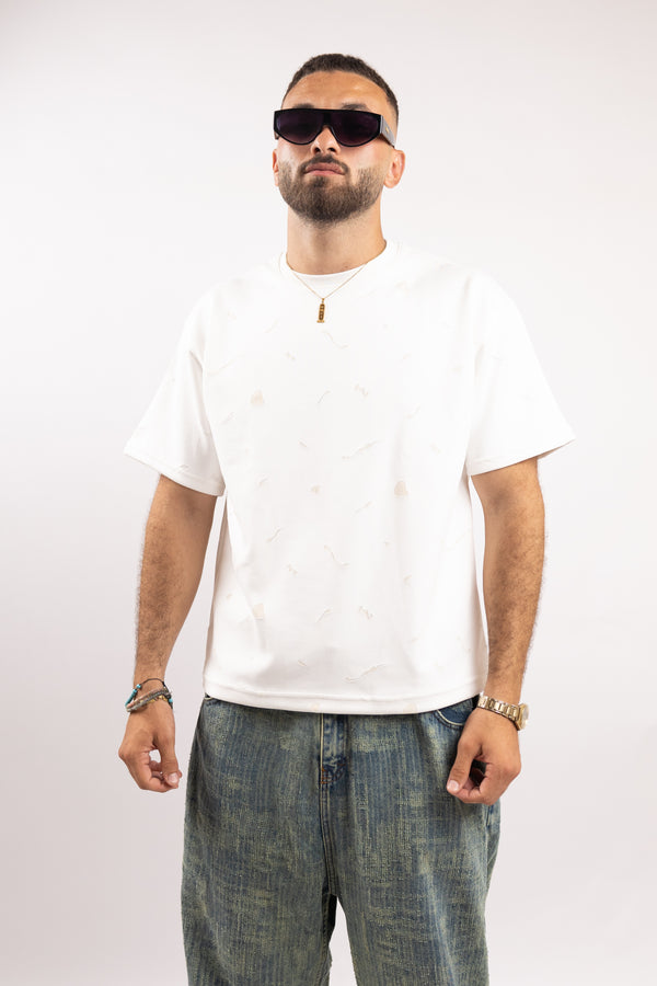 White Relaxed-Fit T-Shirt with Subtle Embossed Pattern