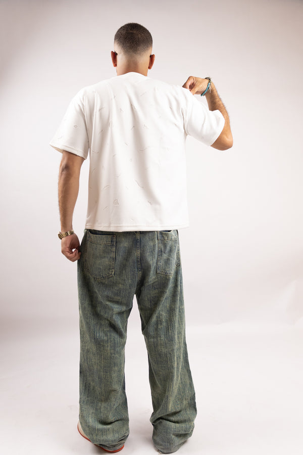 White Relaxed-Fit T-Shirt with Subtle Embossed Pattern