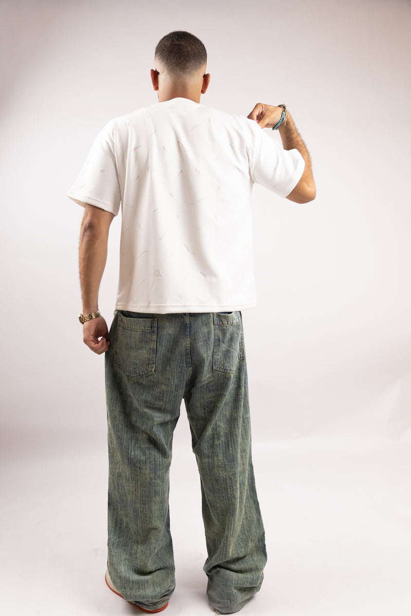 White Relaxed-Fit T-Shirt with Subtle Embossed Pattern